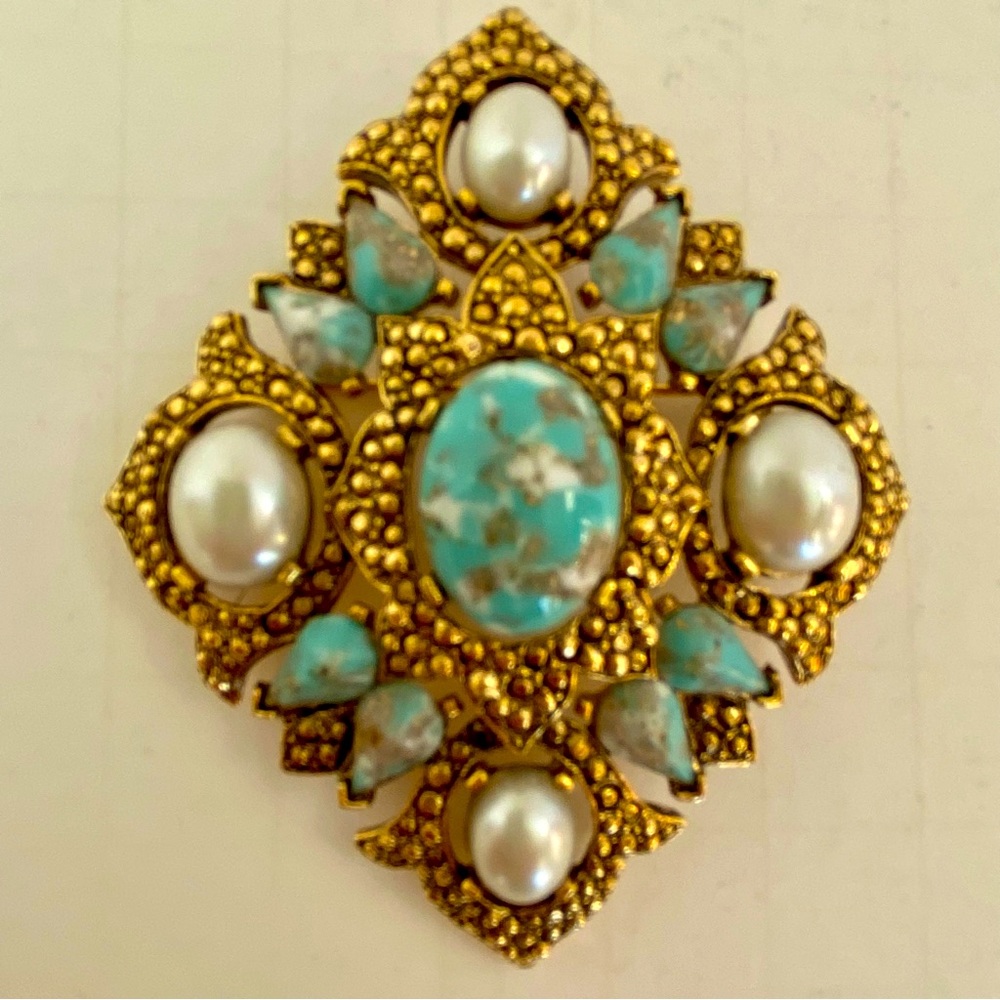 Sarah Coventry Remembrance Brooch Pendant Faux Pearl Turquoise Cabochon